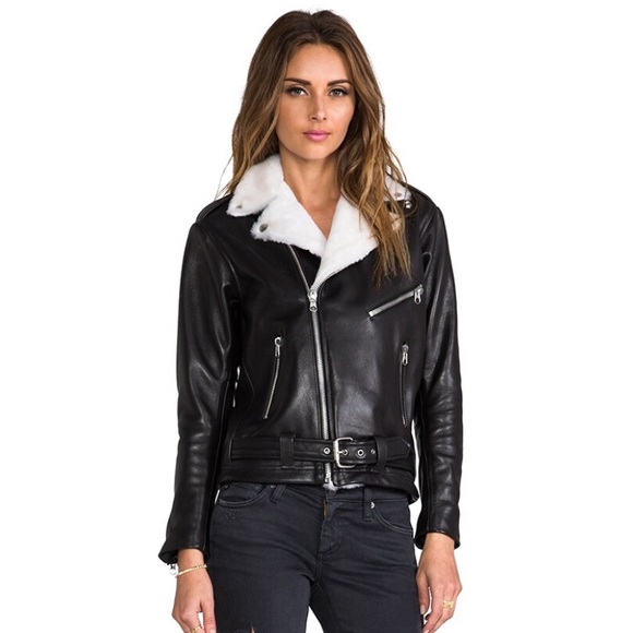 Shearling leather fur coat jacket white / cream and black - Picture 2 of 16